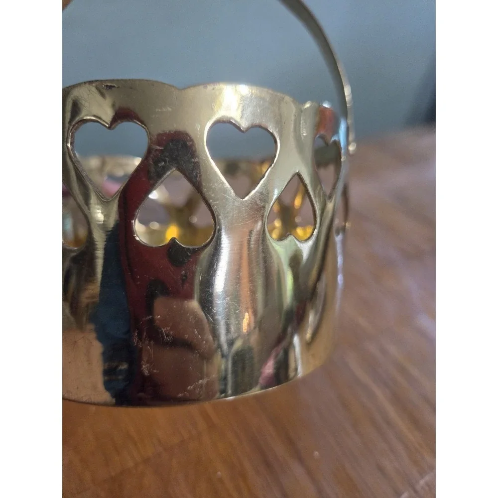 Brass Basket with Reticulated Heart Cut Outs Handle Candle Holder